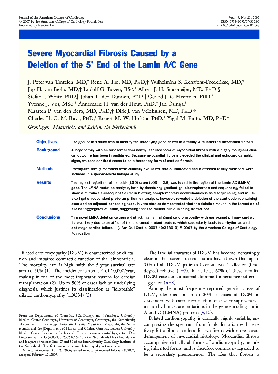Severe Myocardial Fibrosis Caused by a Deletion of the 5’ End of the Lamin A/C Gene 
