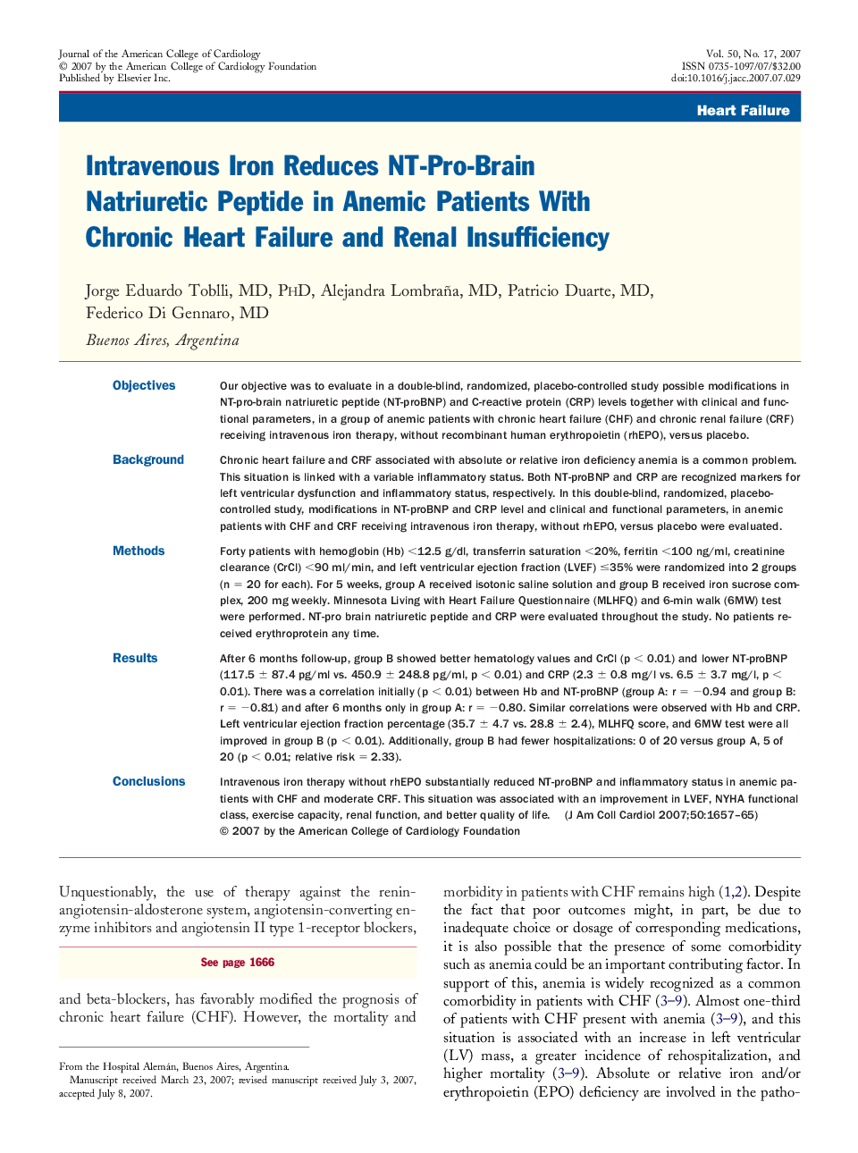 Intravenous Iron Reduces NT-Pro-Brain Natriuretic Peptide in Anemic Patients With Chronic Heart Failure and Renal Insufficiency