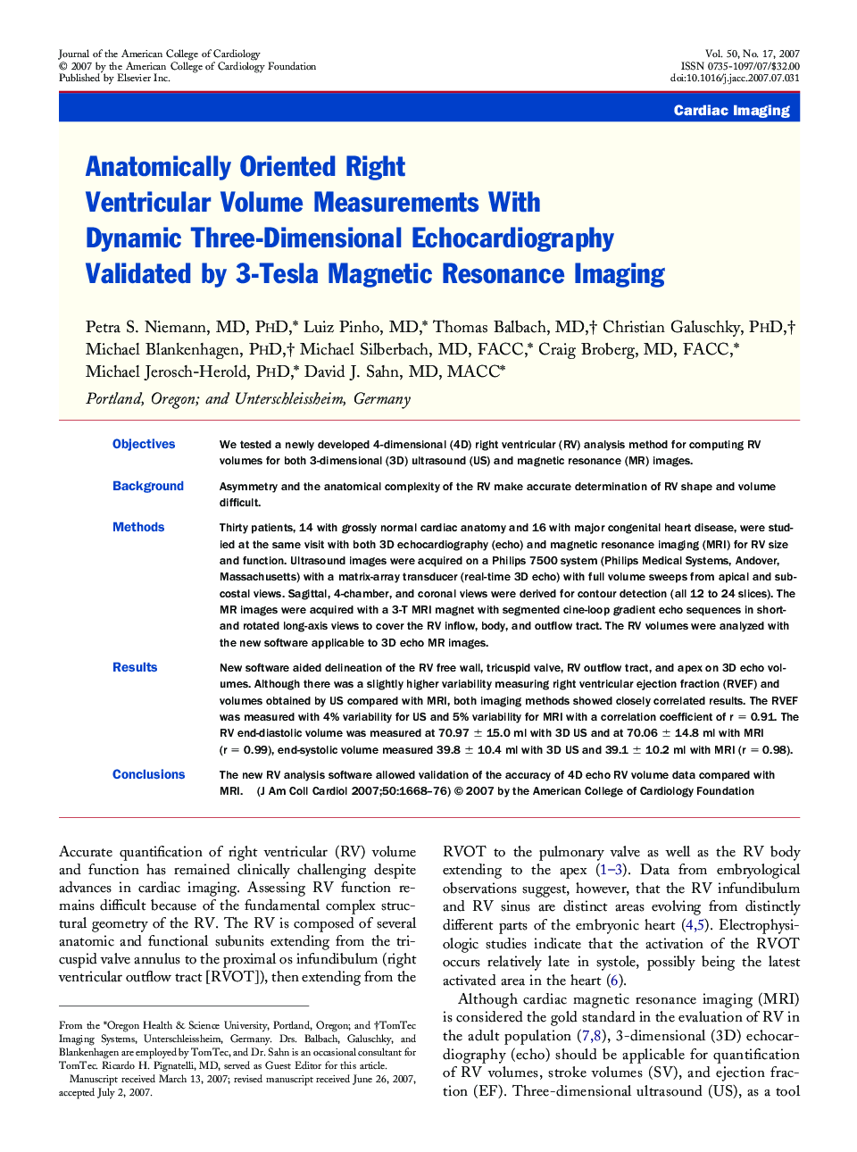 Anatomically Oriented Right Ventricular Volume Measurements With Dynamic Three-Dimensional Echocardiography Validated by 3-Tesla Magnetic Resonance Imaging 