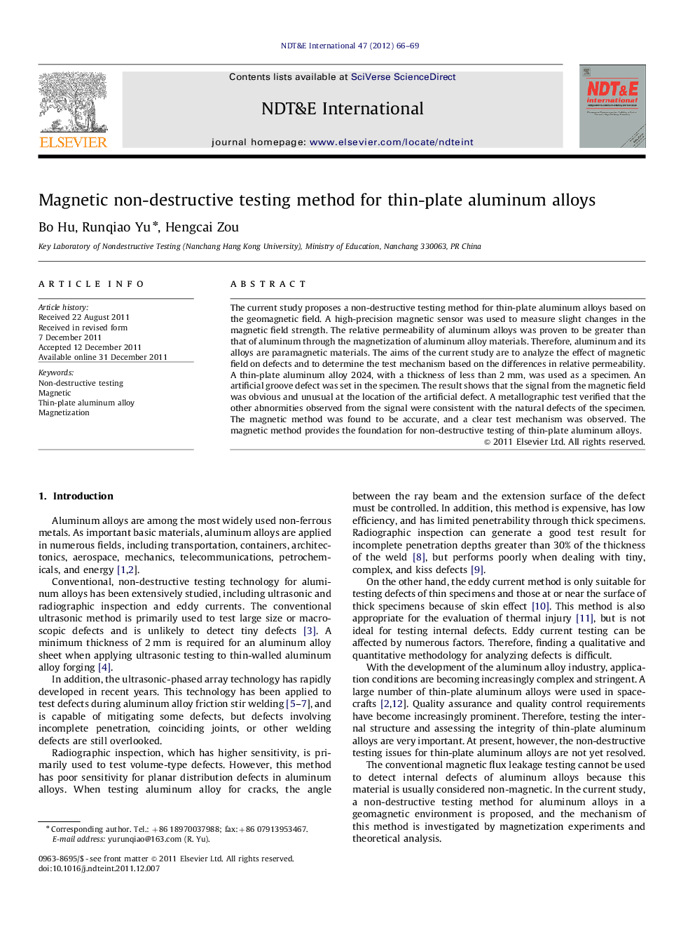 Magnetic non-destructive testing method for thin-plate aluminum alloys