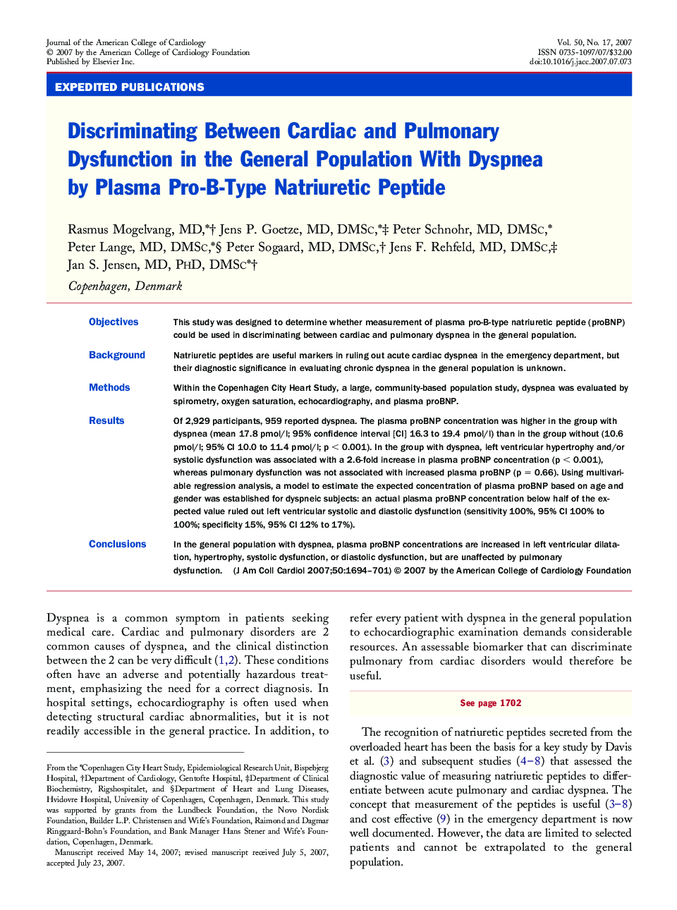Discriminating Between Cardiac and Pulmonary Dysfunction in the General Population With Dyspnea by Plasma Pro-B-Type Natriuretic Peptide