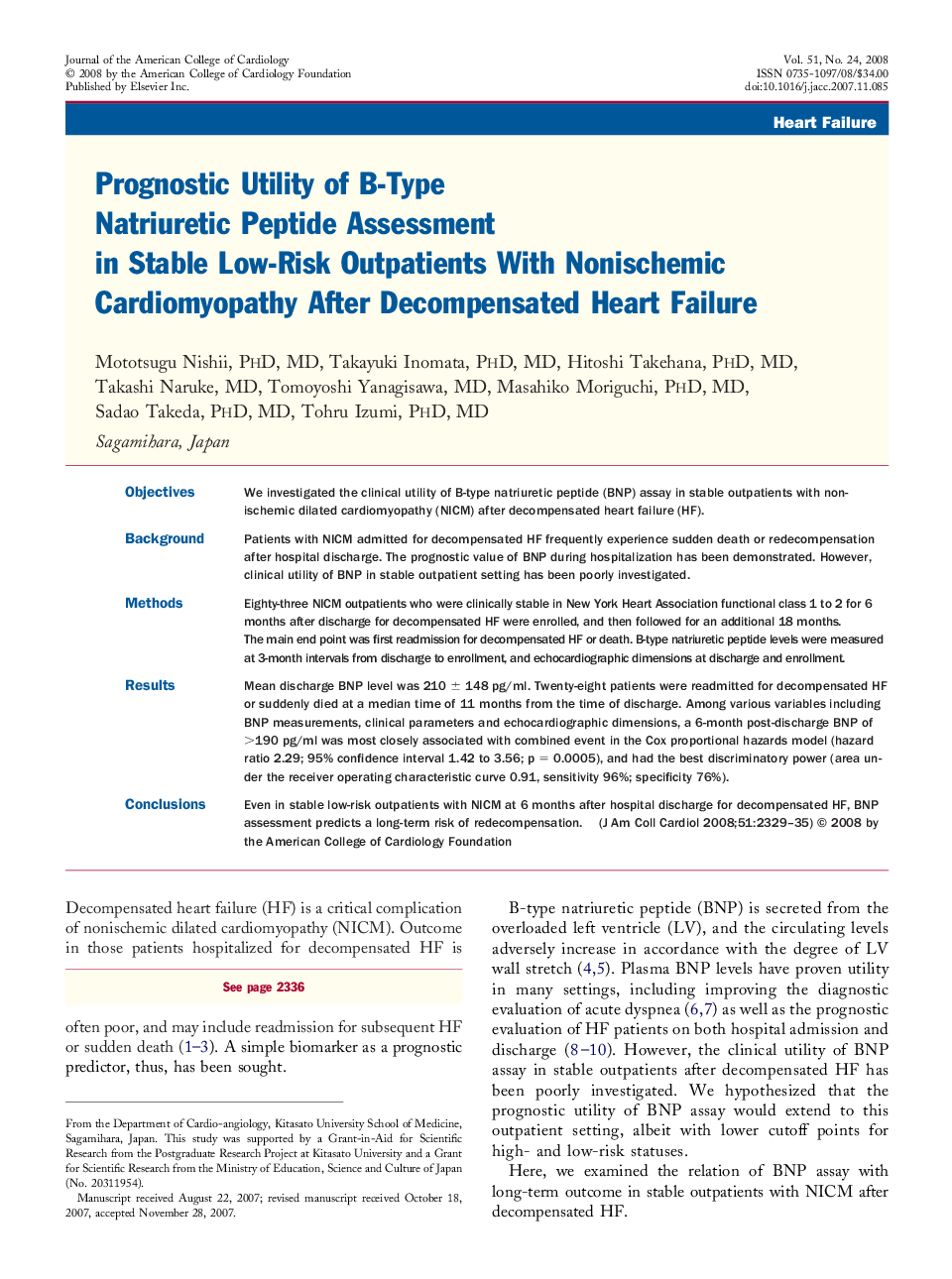 Prognostic Utility of B-Type Natriuretic Peptide Assessment in Stable Low-Risk Outpatients With Nonischemic Cardiomyopathy After Decompensated Heart Failure 