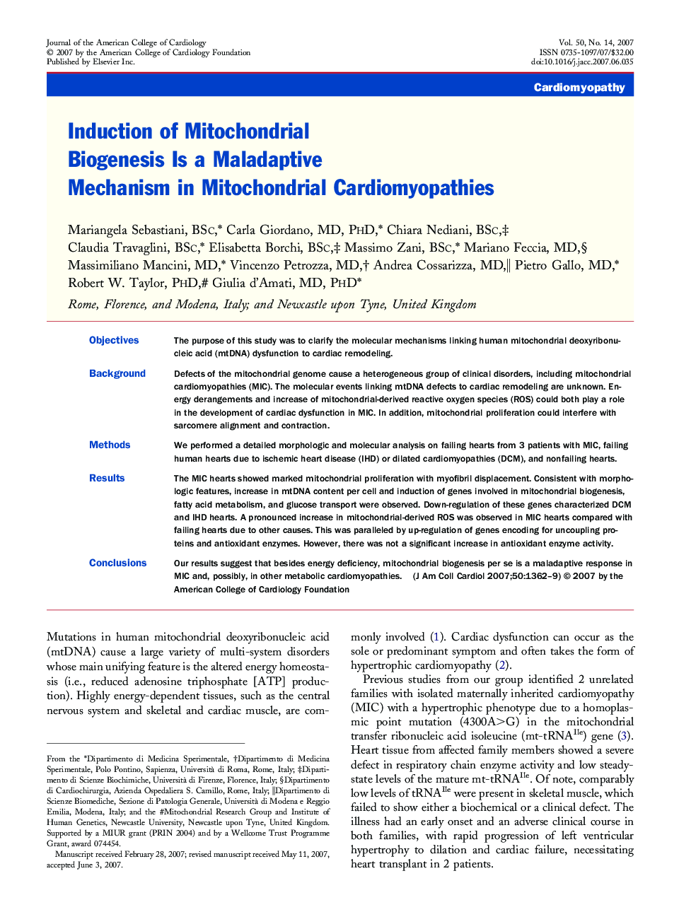 Induction of Mitochondrial Biogenesis Is a Maladaptive Mechanism in Mitochondrial Cardiomyopathies 