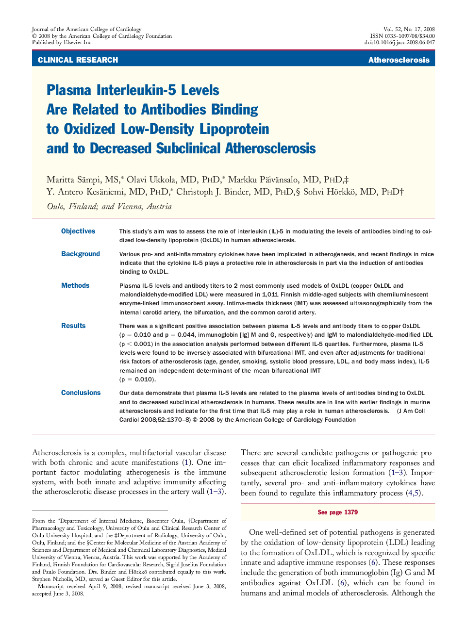 Plasma Interleukin-5 Levels Are Related to Antibodies Binding to Oxidized Low-Density Lipoprotein and to Decreased Subclinical Atherosclerosis 