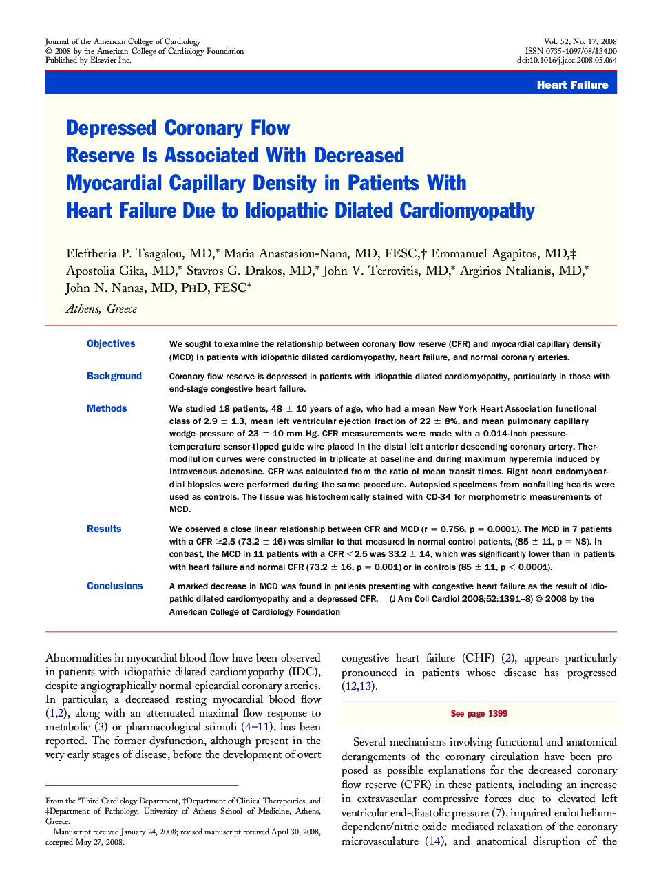 Depressed Coronary Flow Reserve Is Associated With Decreased Myocardial Capillary Density in Patients With Heart Failure Due to Idiopathic Dilated Cardiomyopathy