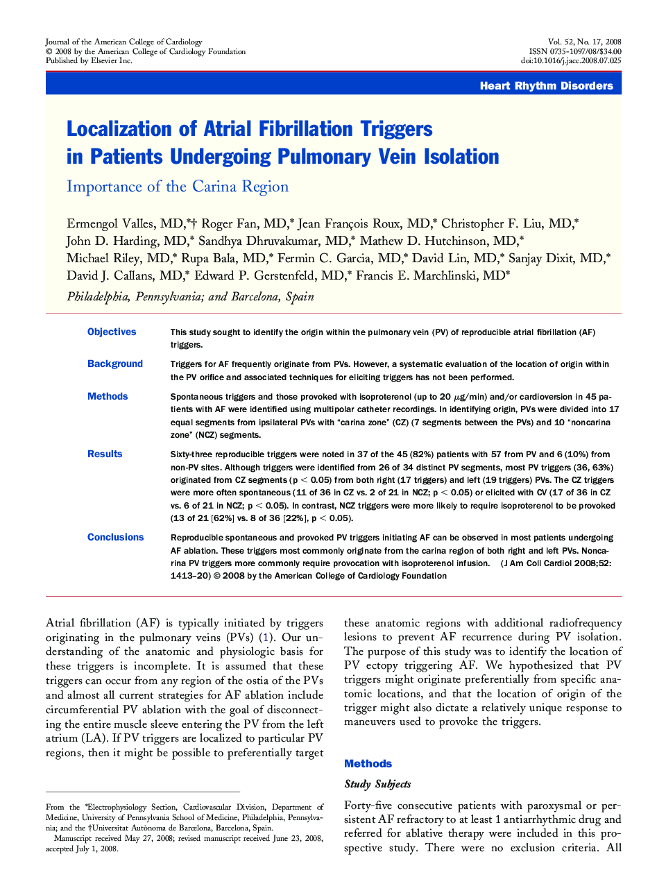 Localization of Atrial Fibrillation Triggers in Patients Undergoing Pulmonary Vein Isolation: Importance of the Carina Region