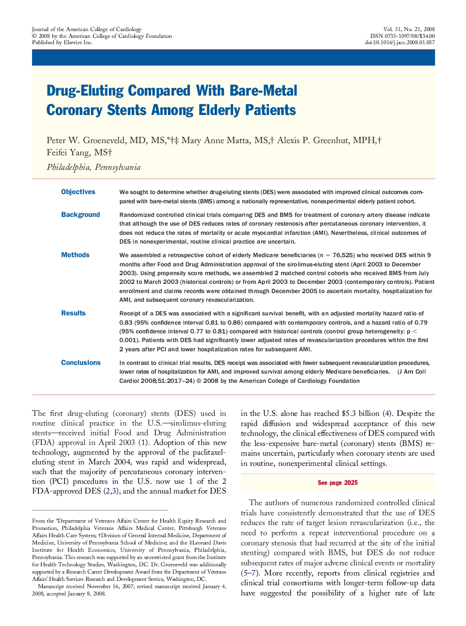 Drug-Eluting Compared With Bare-Metal Coronary Stents Among Elderly Patients