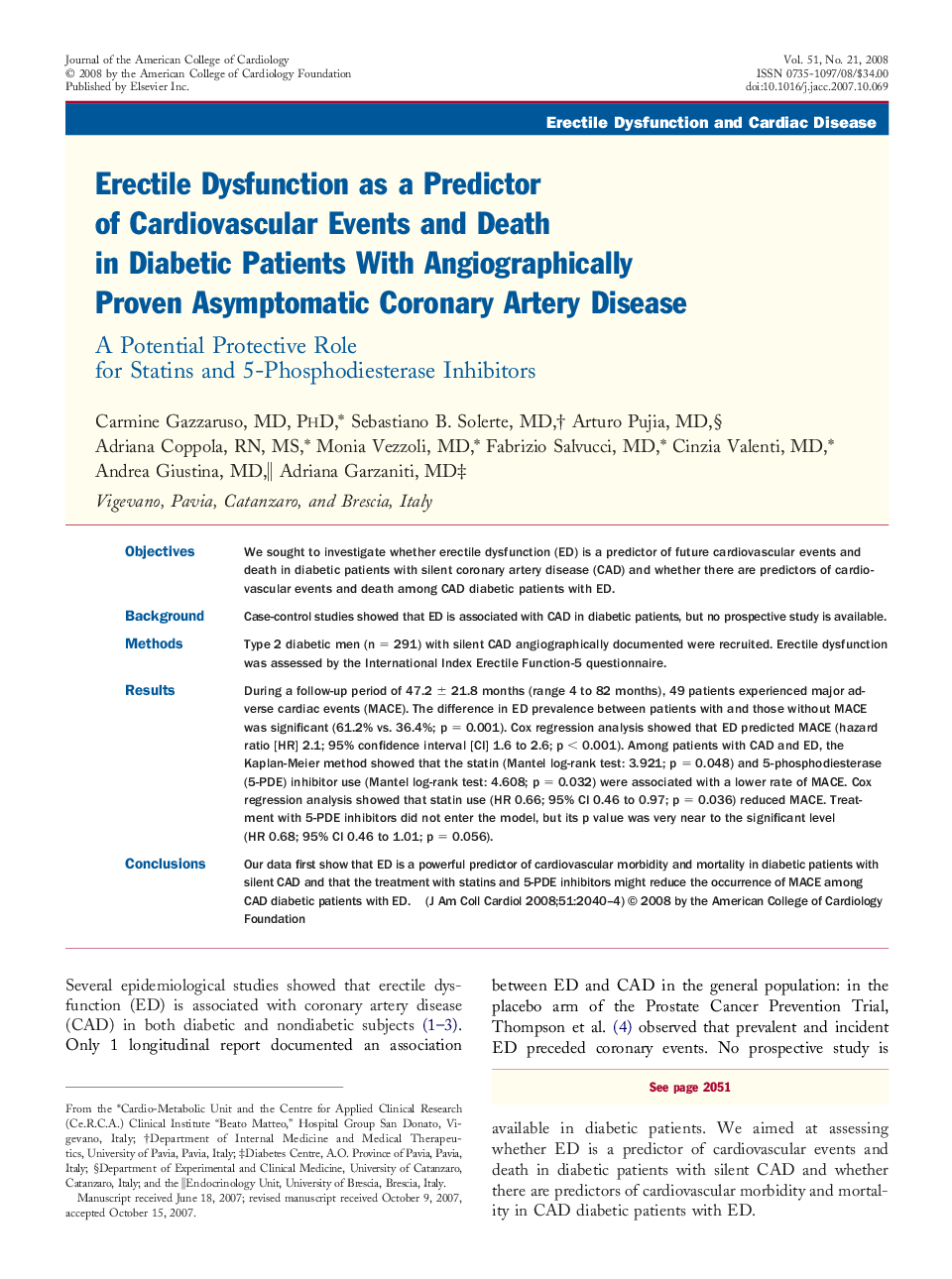 Erectile Dysfunction as a Predictor of Cardiovascular Events and Death in Diabetic Patients With Angiographically Proven Asymptomatic Coronary Artery Disease: A Potential Protective Role for Statins and 5-Phosphodiesterase Inhibitors