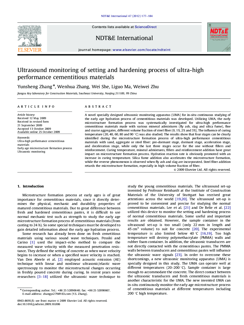 Ultrasound monitoring of setting and hardening process of ultra-high performance cementitious materials