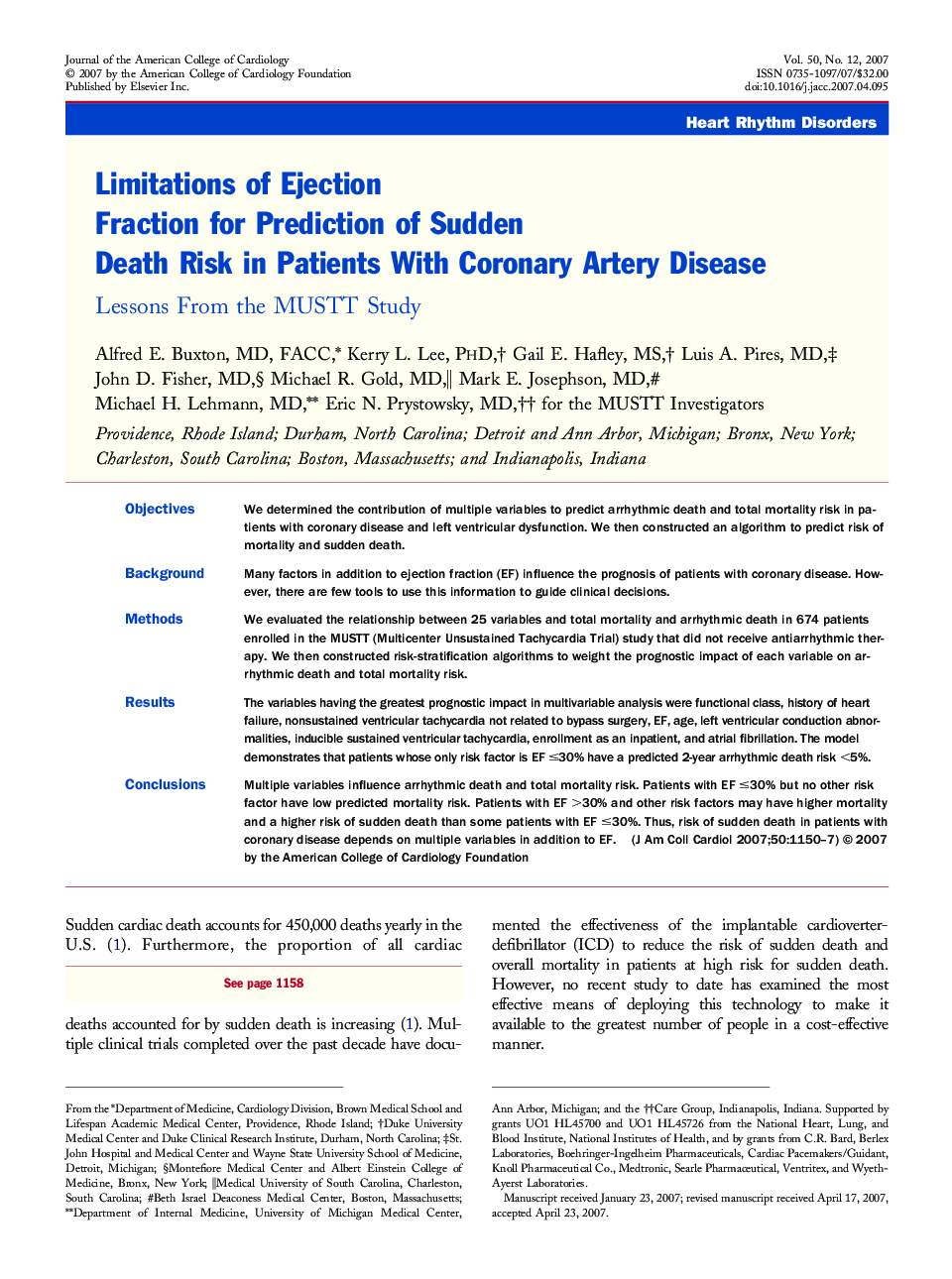 Limitations of Ejection Fraction for Prediction of Sudden Death Risk in Patients With Coronary Artery Disease : Lessons From the MUSTT Study