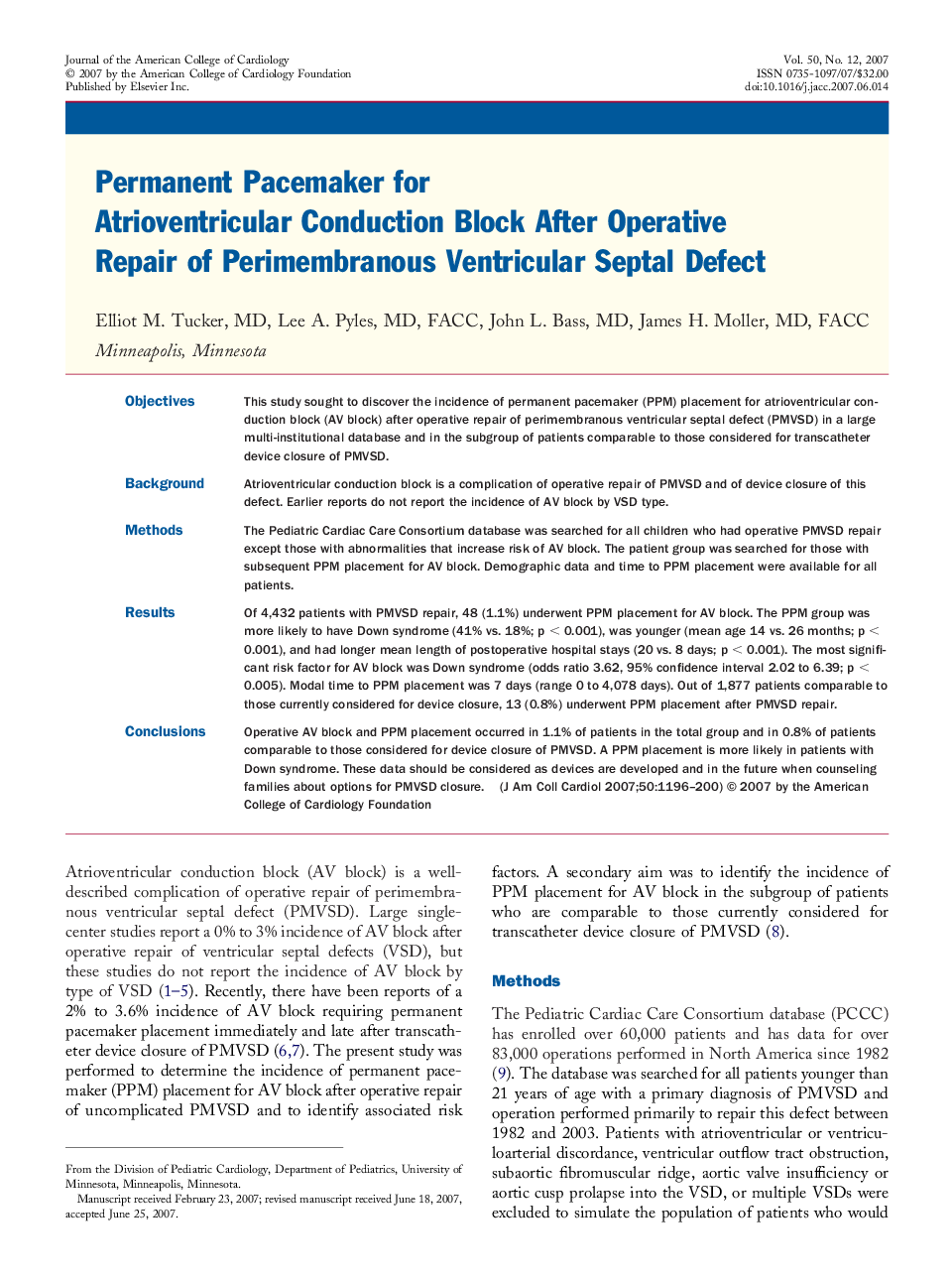 Permanent Pacemaker for Atrioventricular Conduction Block After Operative Repair of Perimembranous Ventricular Septal Defect