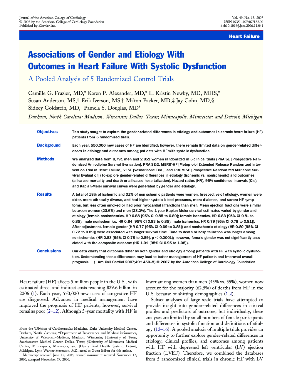 عکس صفحه اول مقاله: Associations of Gender and Etiology With Outcomes in Heart Failure With Systolic Dysfunction : A Pooled Analysis of 5 Randomized Control Trials Associations of Gender and Etiology With Outcomes in Heart Failure With Systolic Dysfunction : A Pooled Analysis of 5 Randomized Control Trials