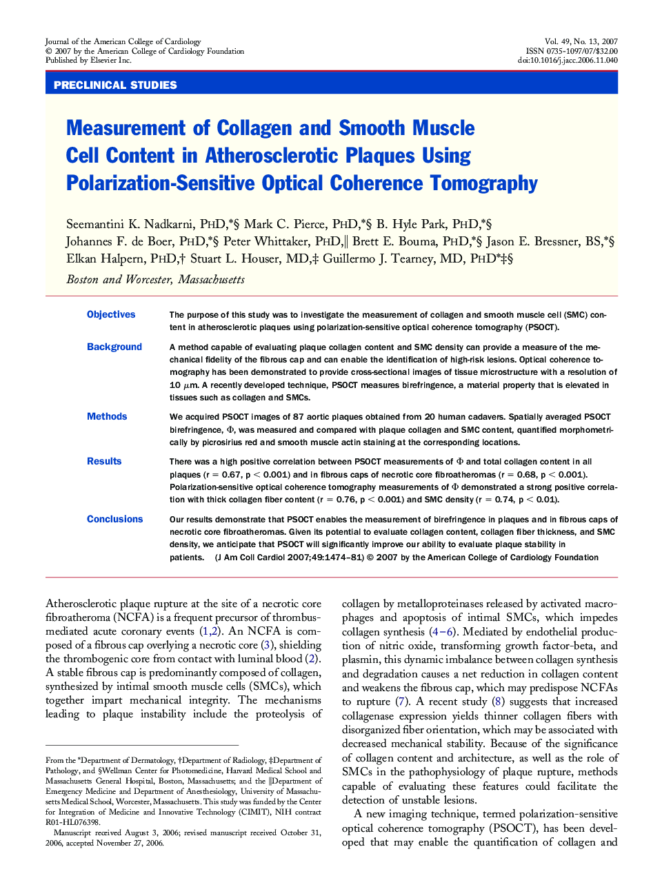 Measurement of Collagen and Smooth Muscle Cell Content in Atherosclerotic Plaques Using Polarization-Sensitive Optical Coherence Tomography 