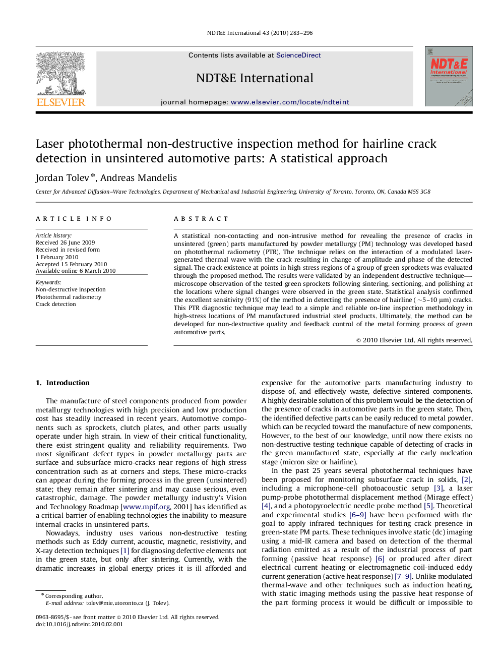 Laser photothermal non-destructive inspection method for hairline crack detection in unsintered automotive parts: A statistical approach