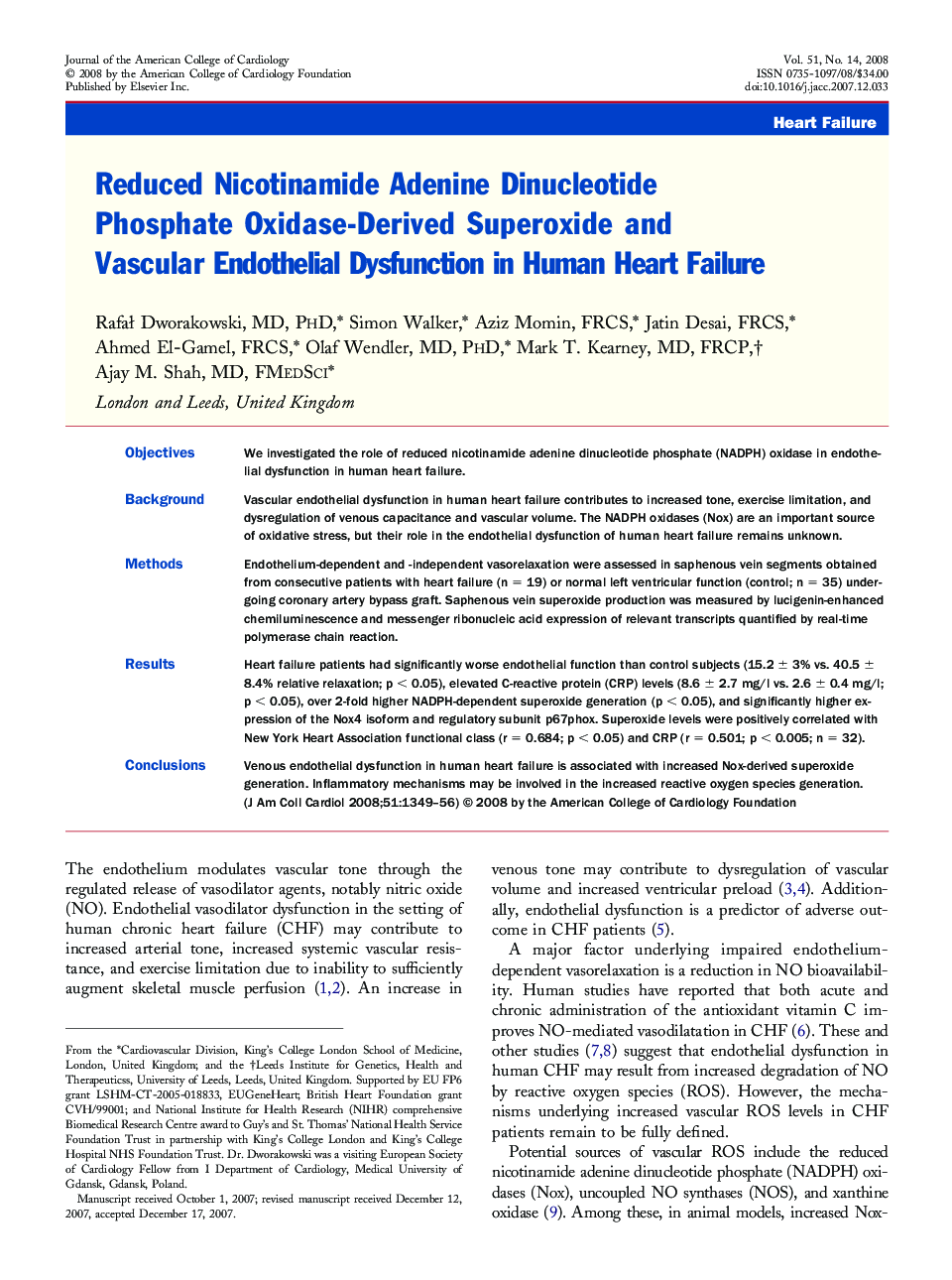 Reduced Nicotinamide Adenine Dinucleotide Phosphate Oxidase-Derived Superoxide and Vascular Endothelial Dysfunction in Human Heart Failure 