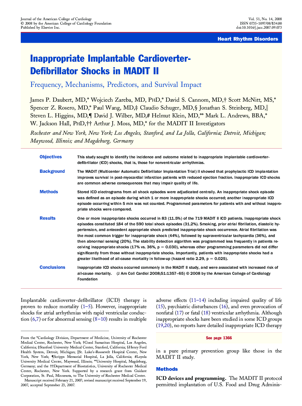 Inappropriate Implantable Cardioverter-Defibrillator Shocks in MADIT II : Frequency, Mechanisms, Predictors, and Survival Impact
