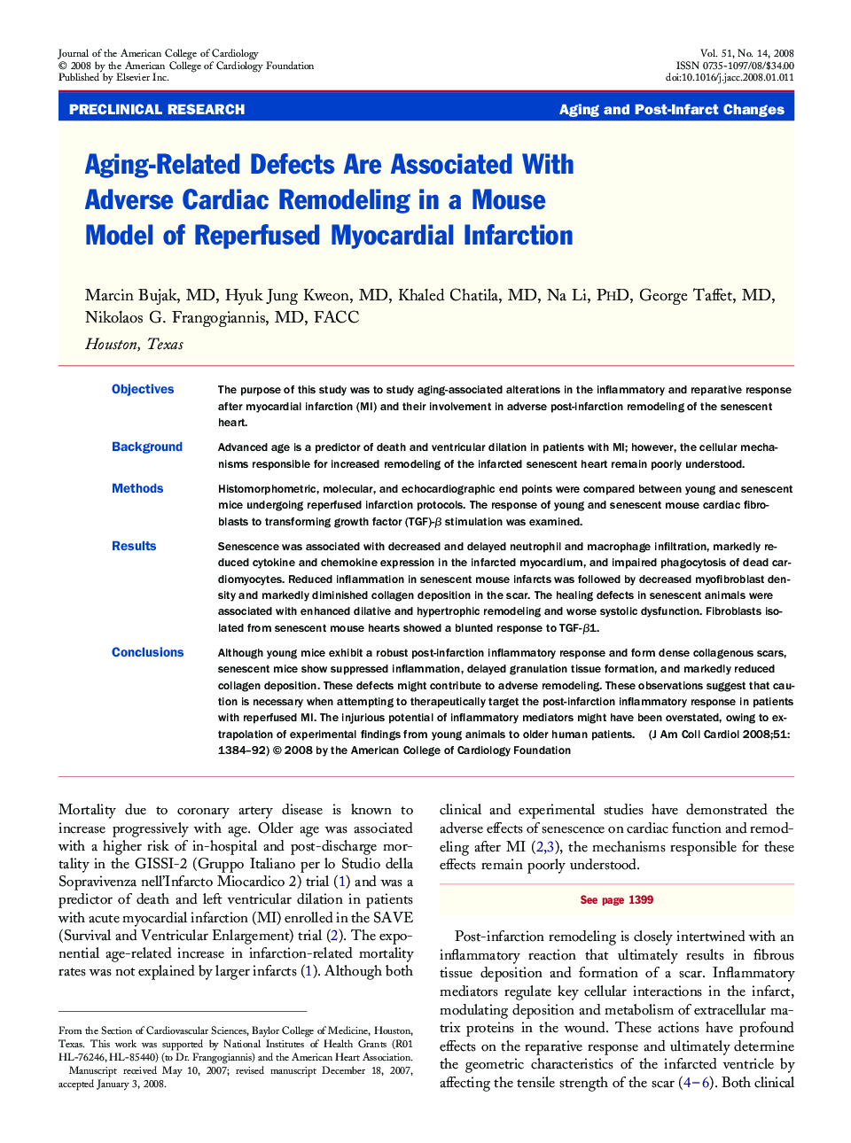 Aging-Related Defects Are Associated With Adverse Cardiac Remodeling in a Mouse Model of Reperfused Myocardial Infarction 