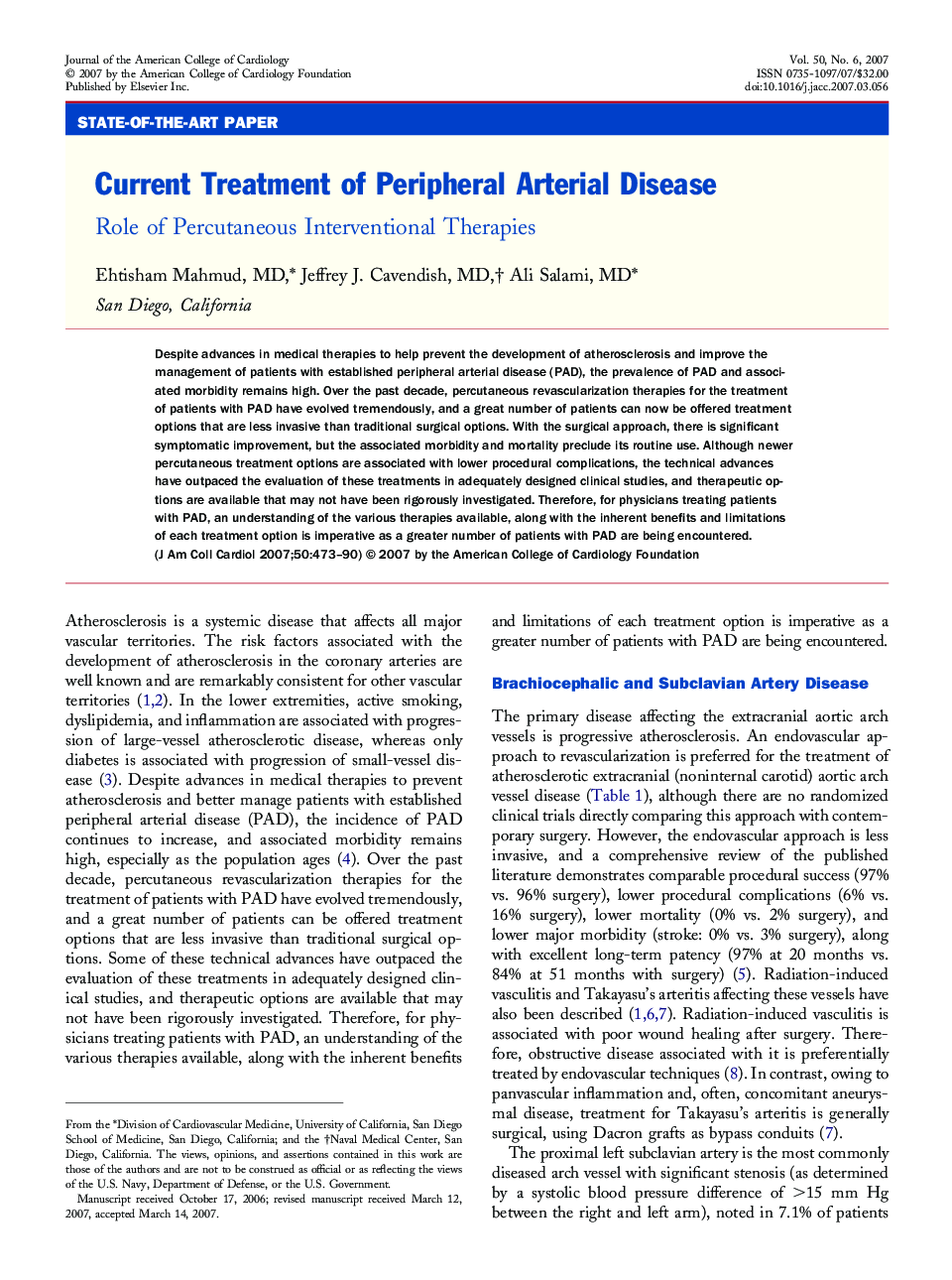 Current Treatment of Peripheral Arterial Disease : Role of Percutaneous Interventional Therapies