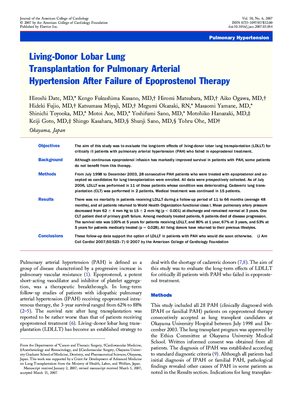 Living-Donor Lobar Lung Transplantation for Pulmonary Arterial Hypertension After Failure of Epoprostenol Therapy 