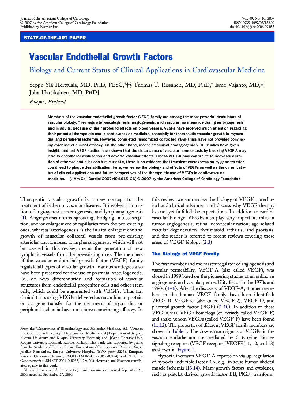Vascular Endothelial Growth Factors : Biology and Current Status of Clinical Applications in Cardiovascular Medicine