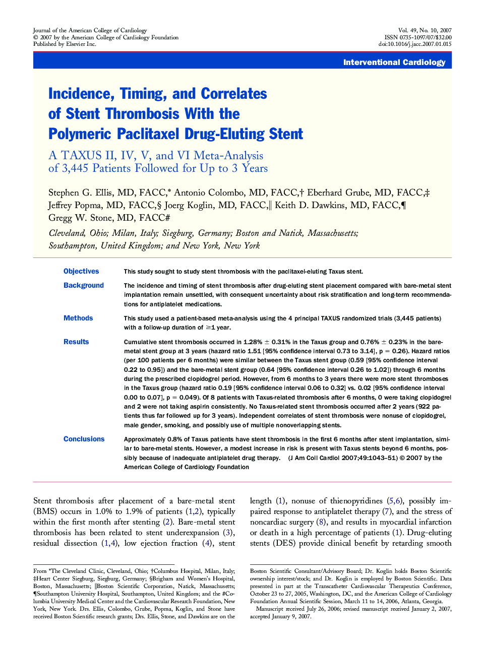 Incidence, Timing, and Correlates of Stent Thrombosis With the Polymeric Paclitaxel Drug-Eluting Stent: A TAXUS II, IV, V, and VI Meta-Analysis of 3,445 Patients Followed for Up to 3 Years