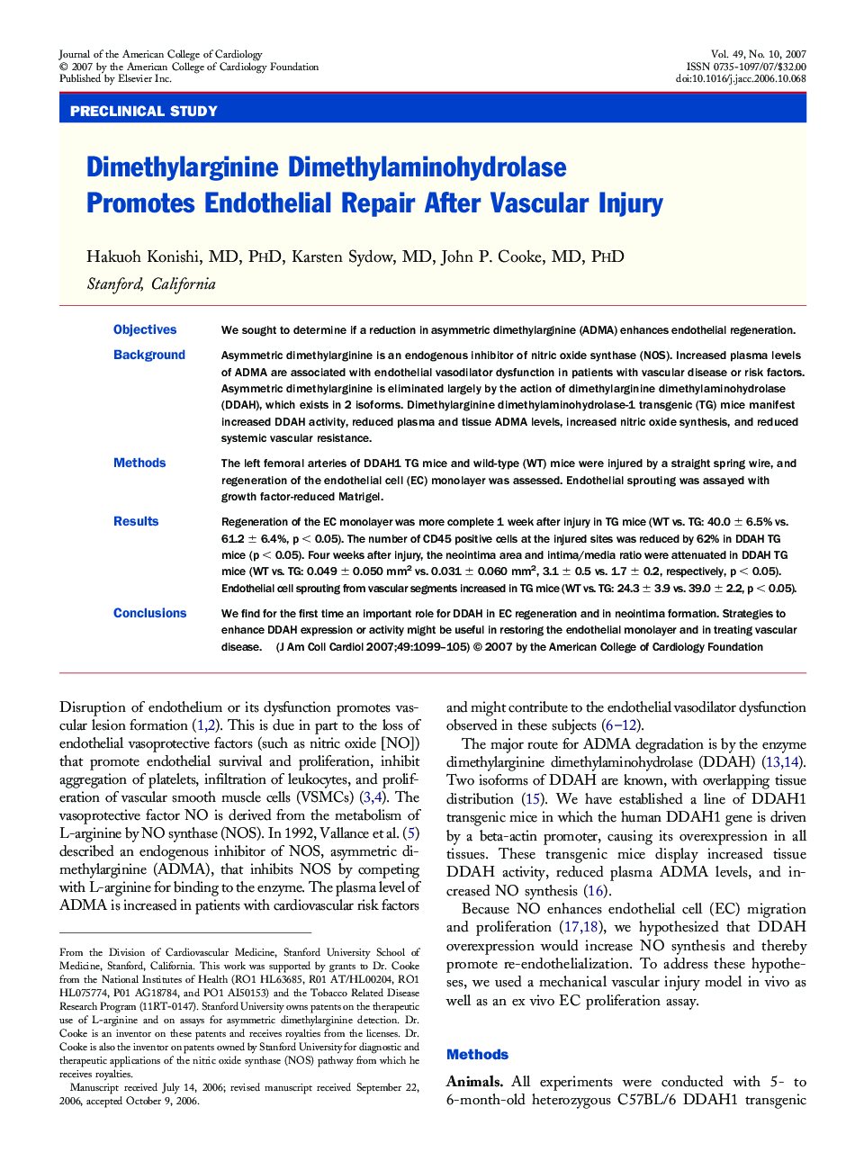Dimethylarginine Dimethylaminohydrolase Promotes Endothelial Repair After Vascular Injury 