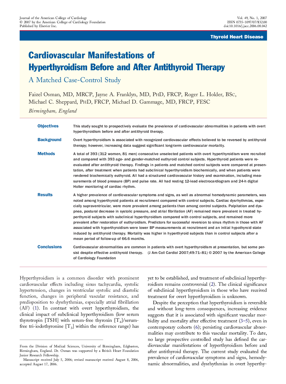 Cardiovascular Manifestations of Hyperthyroidism Before and After Antithyroid Therapy: A Matched Case-Control Study