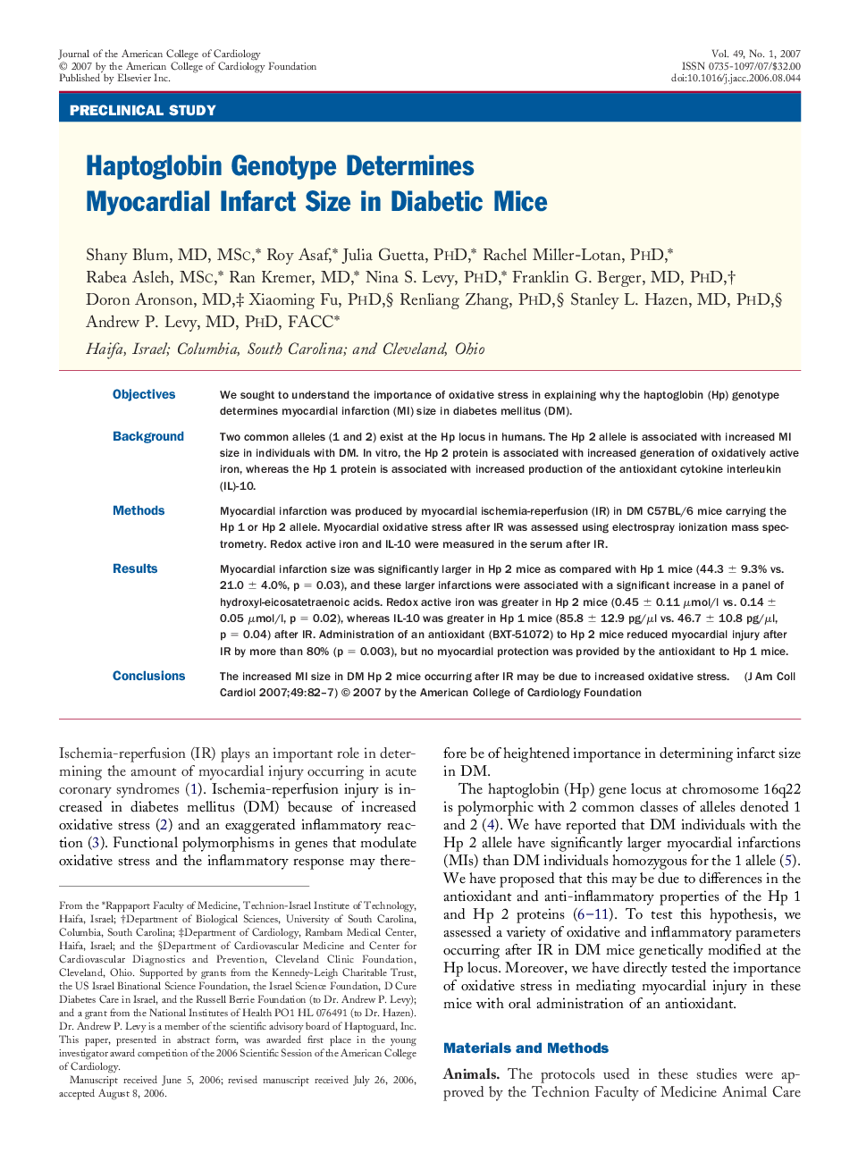 Haptoglobin Genotype Determines Myocardial Infarct Size in Diabetic Mice 