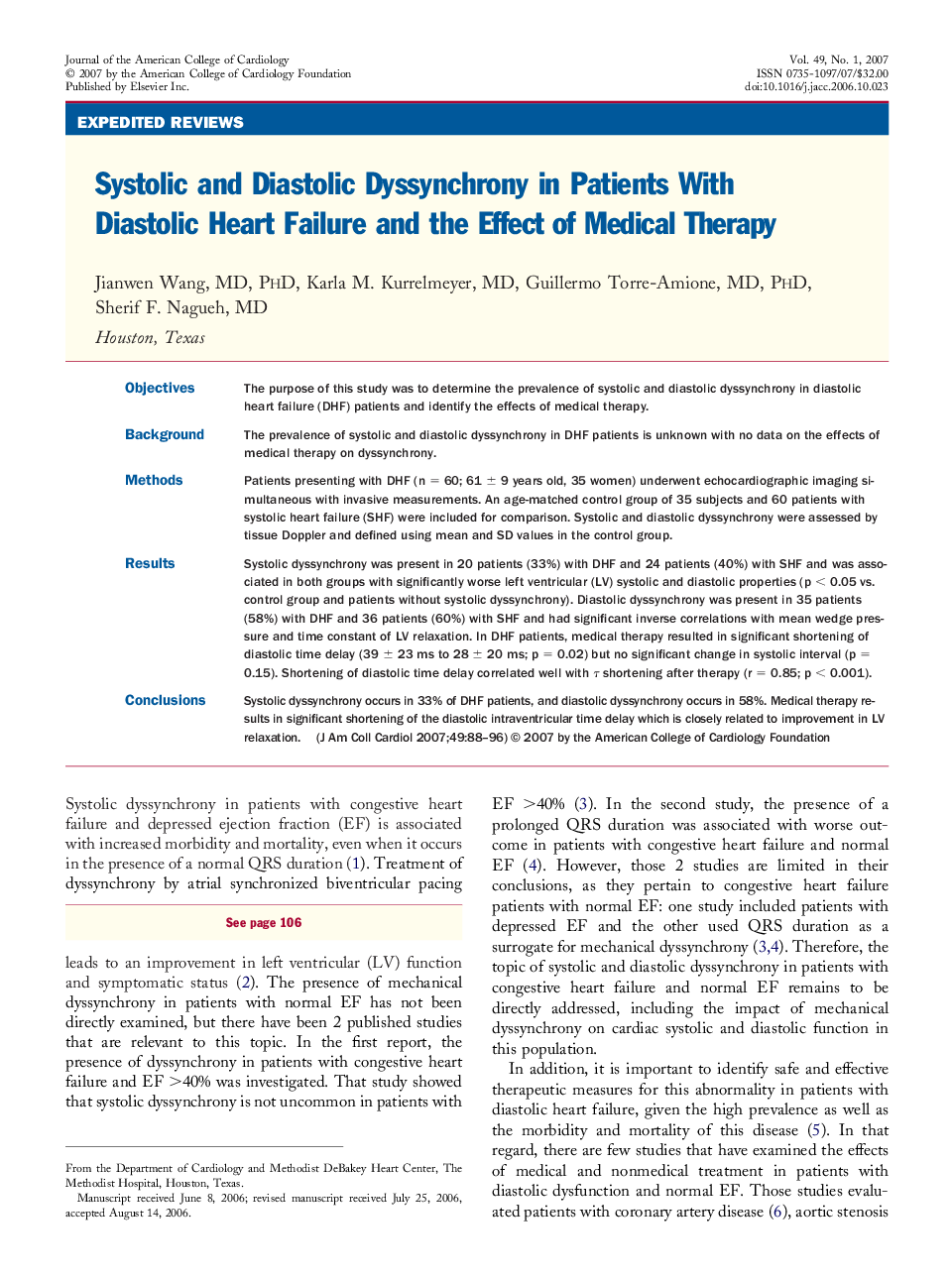 Systolic and Diastolic Dyssynchrony in Patients With Diastolic Heart Failure and the Effect of Medical Therapy