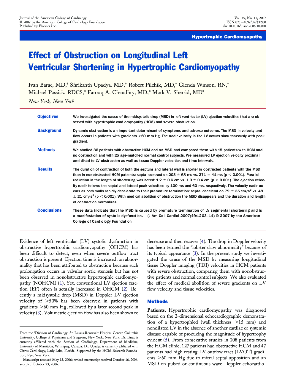 Effect of Obstruction on Longitudinal Left Ventricular Shortening in Hypertrophic Cardiomyopathy 