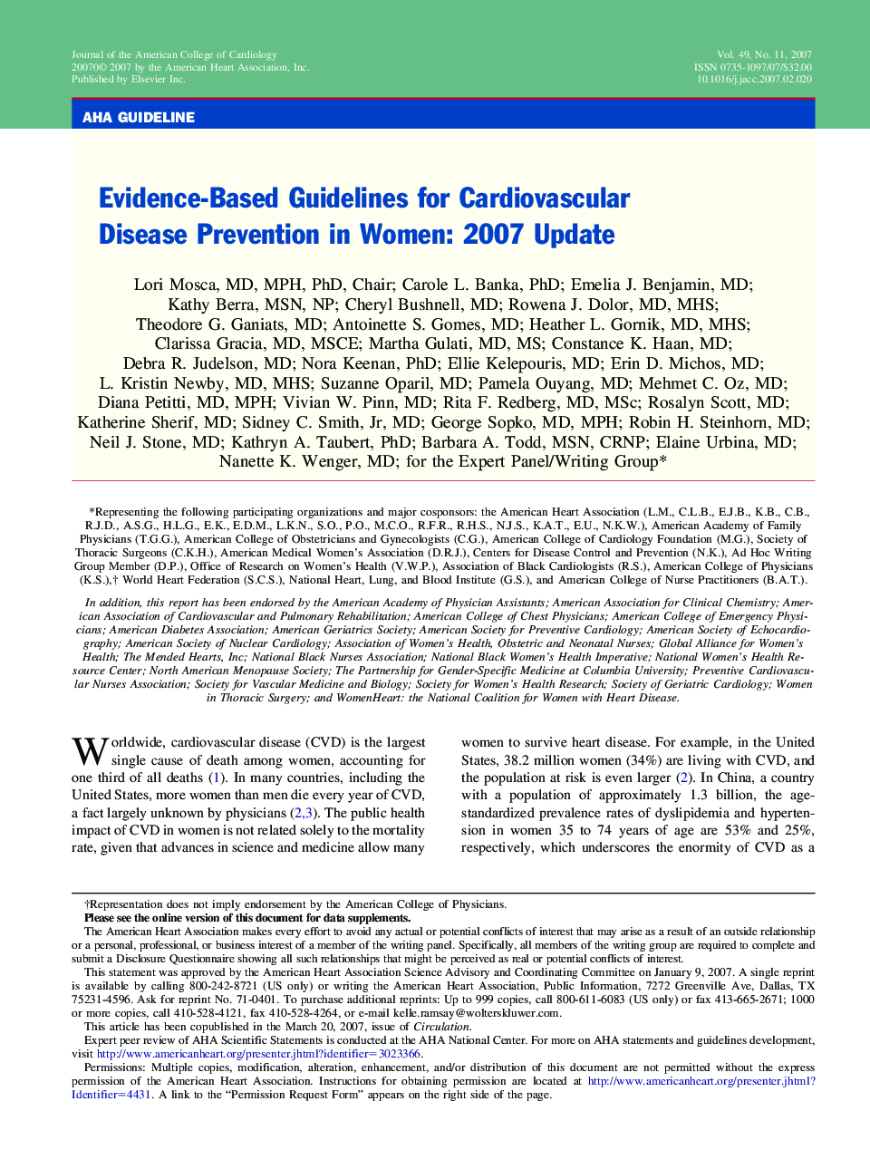 Evidence-Based Guidelines for Cardiovascular Disease Prevention in Women: 2007 Update