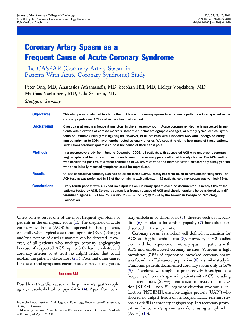 Coronary Artery Spasm as a Frequent Cause of Acute Coronary Syndrome: The CASPAR (Coronary Artery Spasm in Patients With Acute Coronary Syndrome) Study