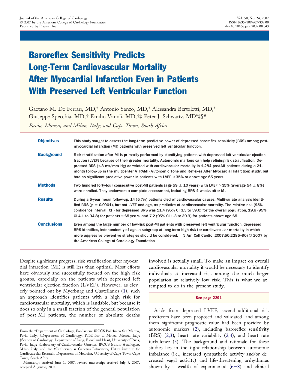 Baroreflex Sensitivity Predicts Long-Term Cardiovascular Mortality After Myocardial Infarction Even in Patients With Preserved Left Ventricular Function