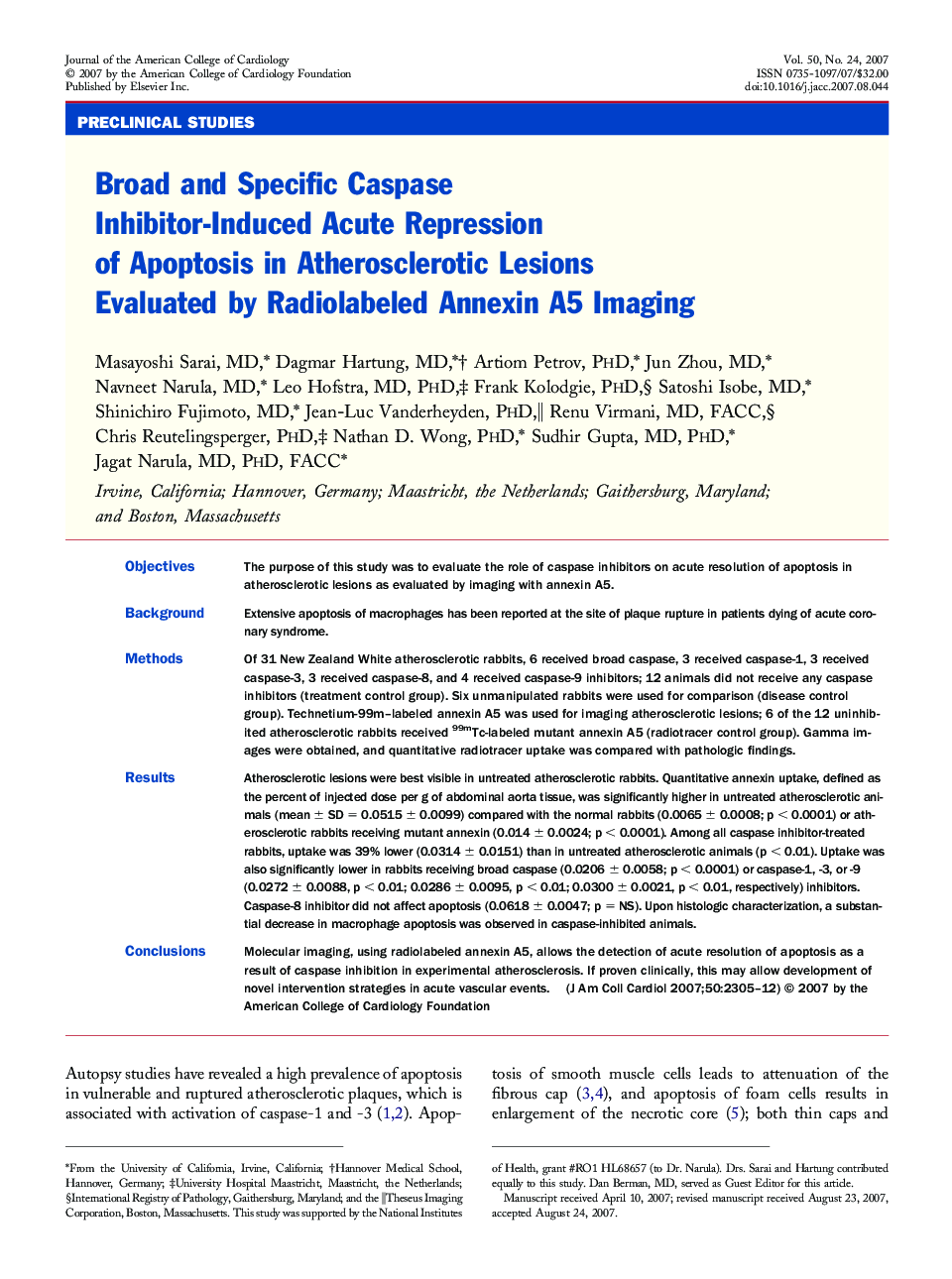 Broad and Specific Caspase Inhibitor-Induced Acute Repression of Apoptosis in Atherosclerotic Lesions Evaluated by Radiolabeled Annexin A5 Imaging 