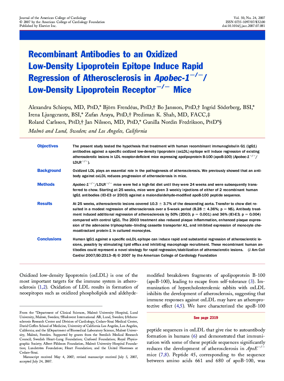 Recombinant Antibodies to an Oxidized Low-Density Lipoprotein Epitope Induce Rapid Regression of Atherosclerosis in Apobec-1−/−/Low-Density Lipoprotein Receptor−/−Mice 