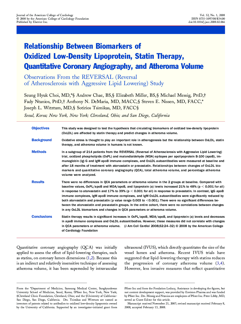 Relationship Between Biomarkers of Oxidized Low-Density Lipoprotein, Statin Therapy, Quantitative Coronary Angiography, and Atheroma Volume ‡: Observations From the REVERSAL (Reversal of Atherosclerosis with Aggressive Lipid Lowering) Study