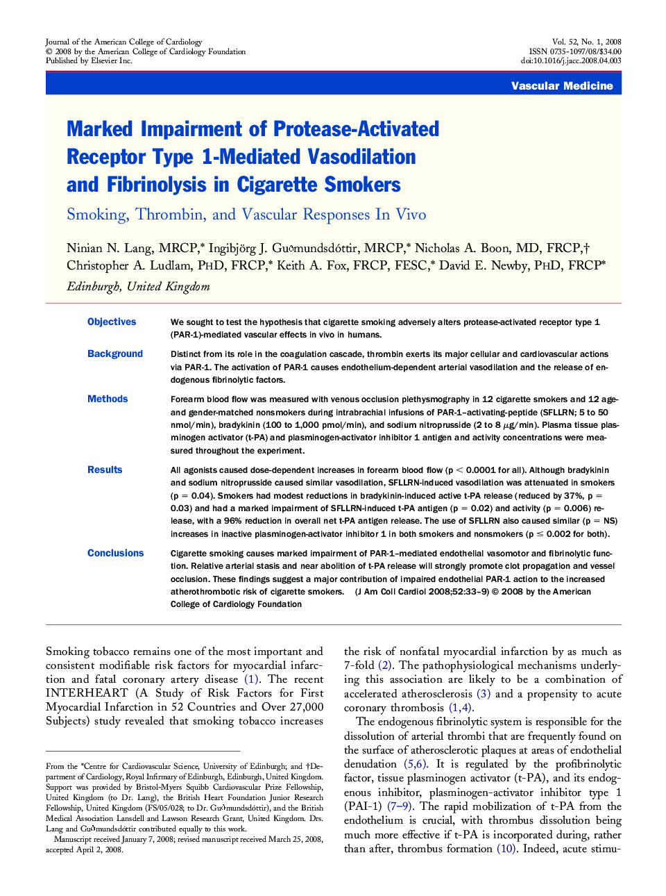 Marked Impairment of Protease-Activated Receptor Type 1-Mediated Vasodilation and Fibrinolysis in Cigarette Smokers : Smoking, Thrombin, and Vascular Responses In Vivo