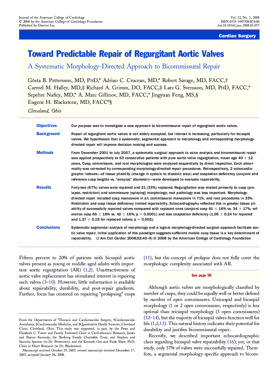 Toward Predictable Repair of Regurgitant Aortic Valves : A Systematic Morphology-Directed Approach to Bicommissural Repair