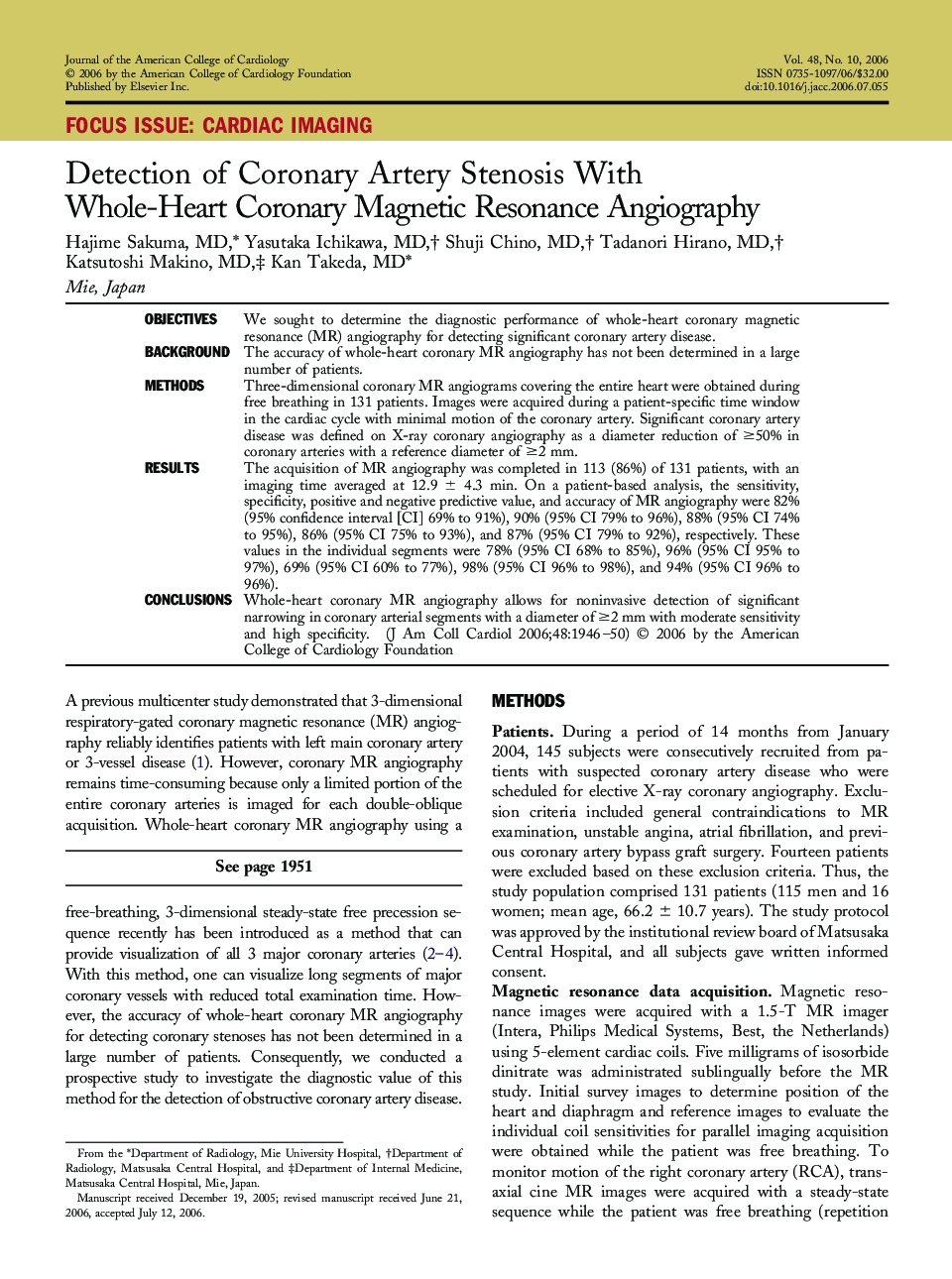 Detection of Coronary Artery Stenosis With Whole-Heart Coronary Magnetic Resonance Angiography
