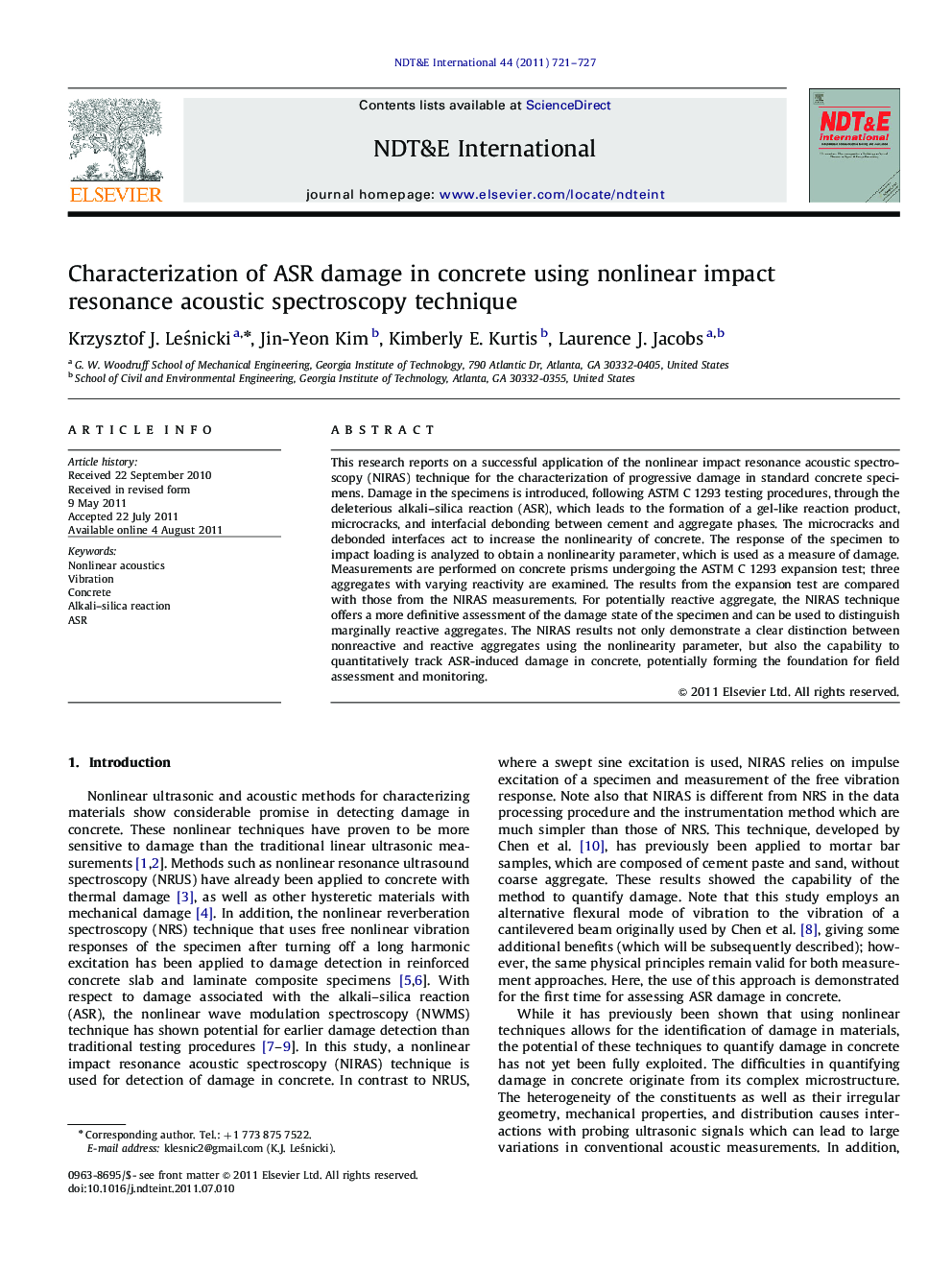 Characterization of ASR damage in concrete using nonlinear impact resonance acoustic spectroscopy technique