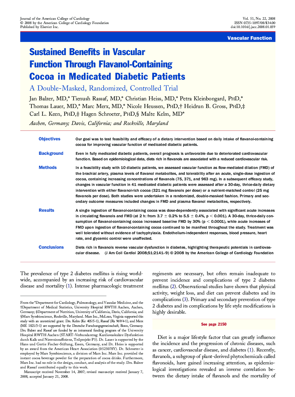 Sustained Benefits in Vascular Function Through Flavanol-Containing Cocoa in Medicated Diabetic Patients : A Double-Masked, Randomized, Controlled Trial