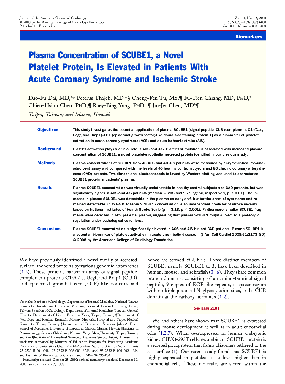 Plasma Concentration of SCUBE1, a Novel Platelet Protein, Is Elevated in Patients With Acute Coronary Syndrome and Ischemic Stroke 