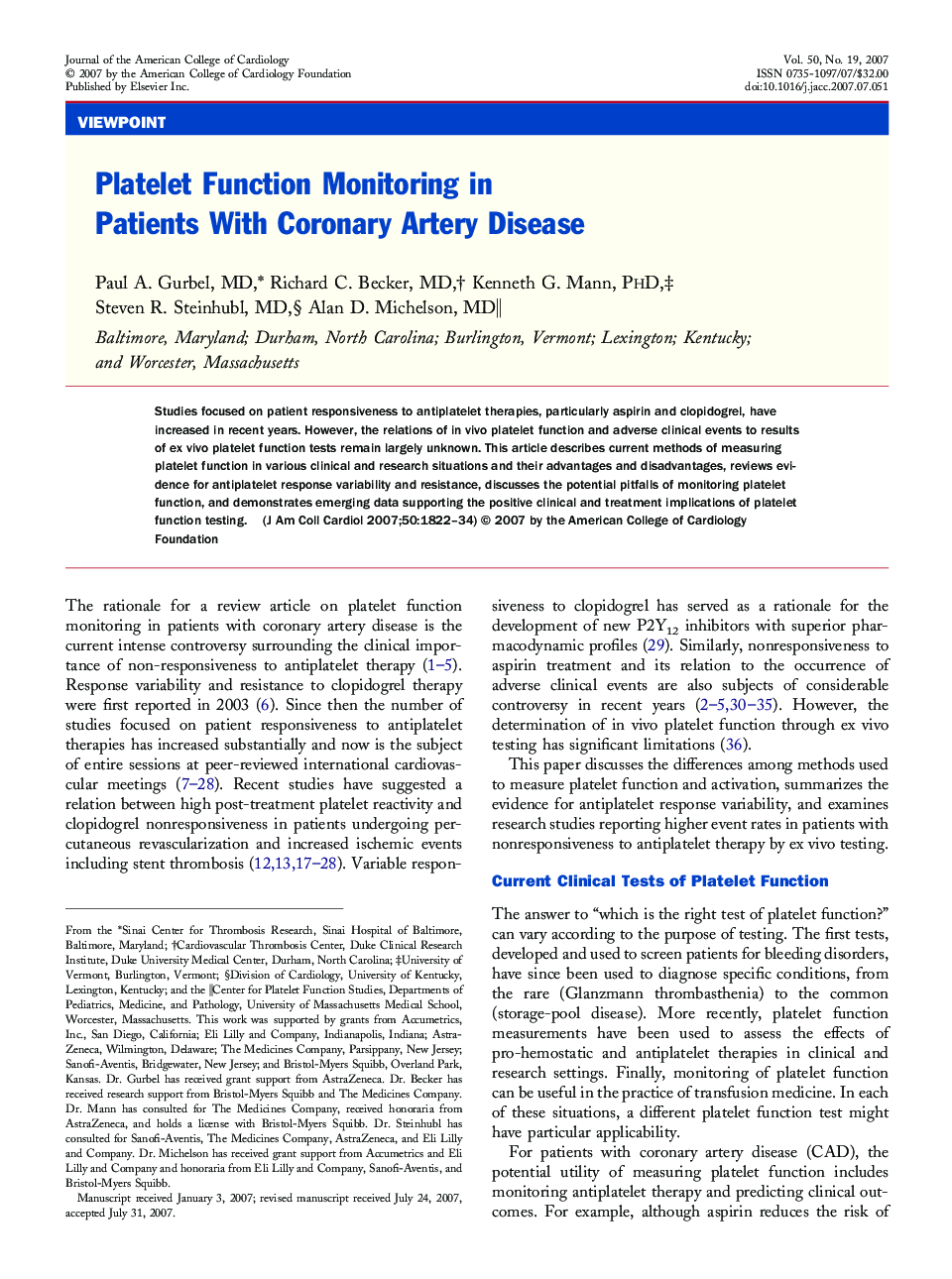 Platelet Function Monitoring in Patients With Coronary Artery Disease 