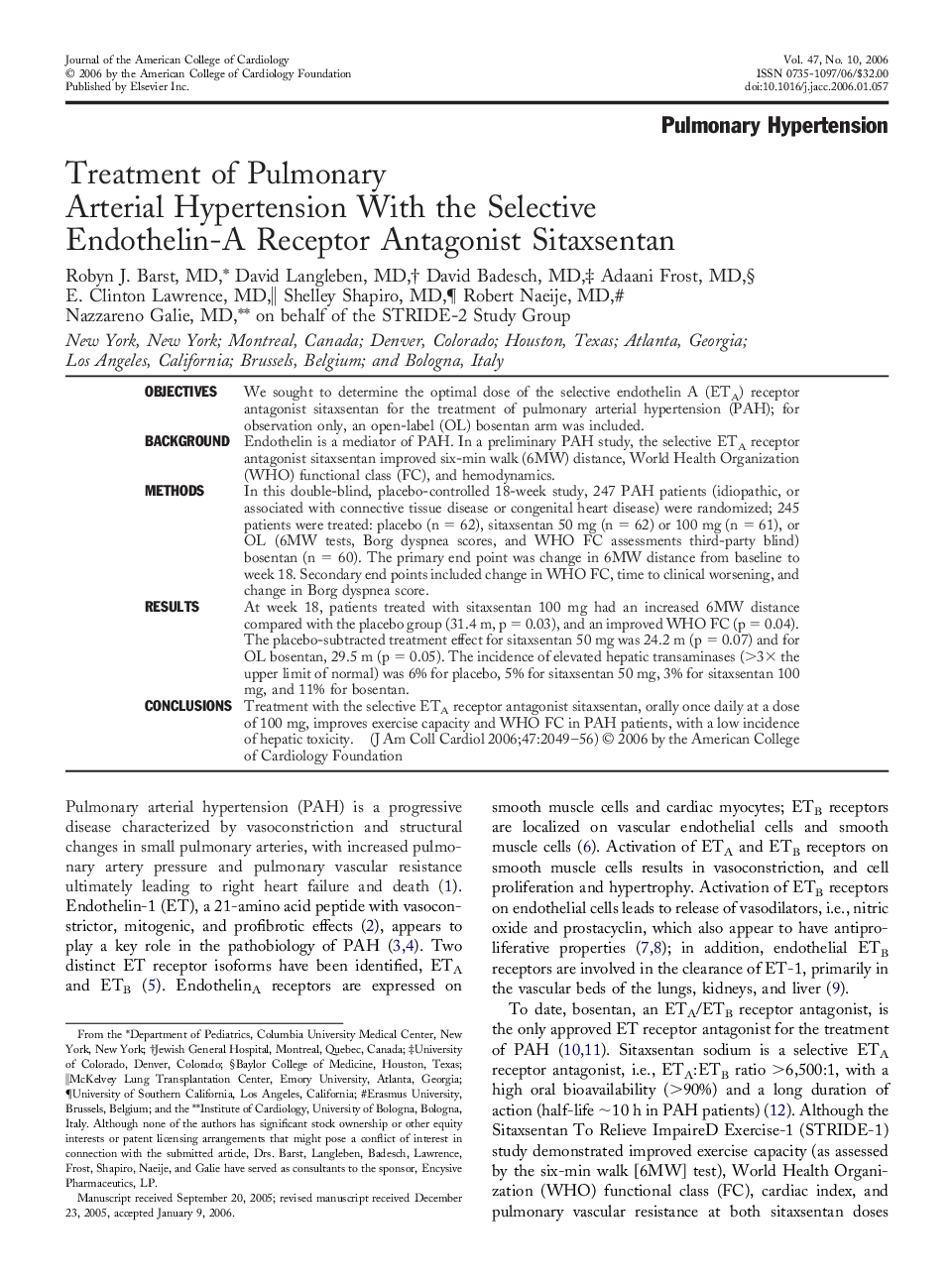 Treatment of Pulmonary Arterial Hypertension With the Selective Endothelin-A Receptor Antagonist Sitaxsentan 