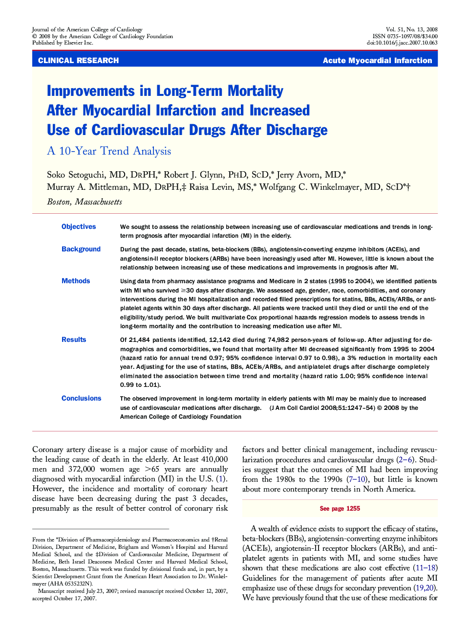 Improvements in Long-Term Mortality After Myocardial Infarction and Increased Use of Cardiovascular Drugs After Discharge : A 10-Year Trend Analysis