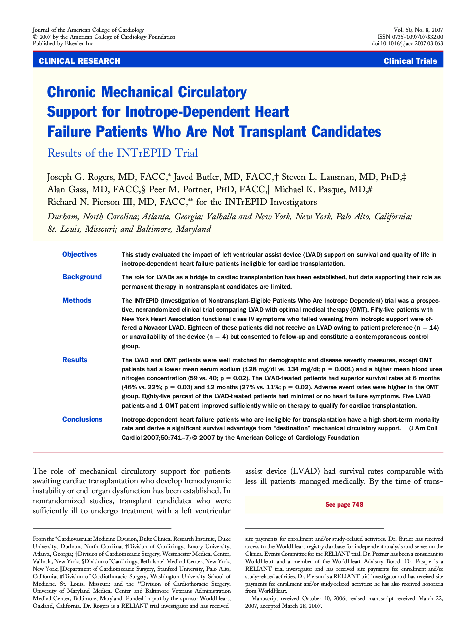 Chronic Mechanical Circulatory Support for Inotrope-Dependent Heart Failure Patients Who Are Not Transplant Candidates : Results of the INTrEPID Trial