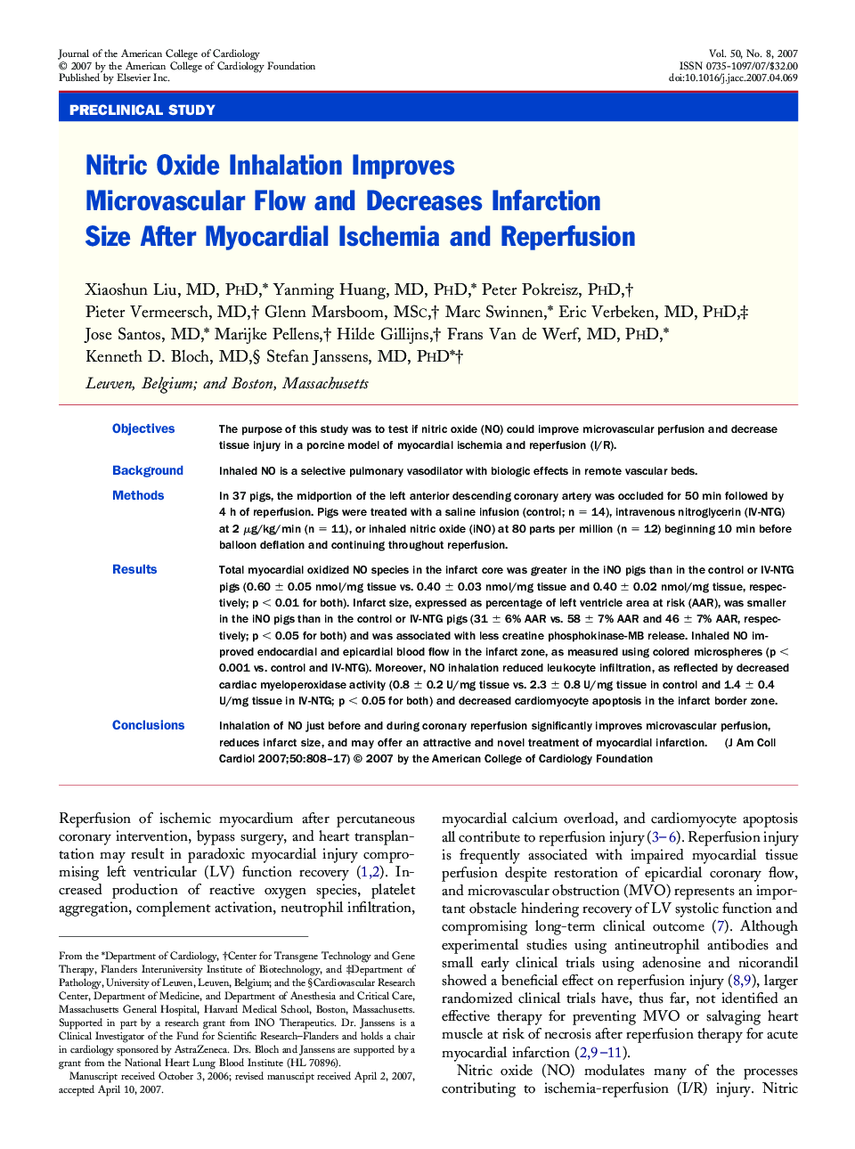 Nitric Oxide Inhalation Improves Microvascular Flow and Decreases Infarction Size After Myocardial Ischemia and Reperfusion 