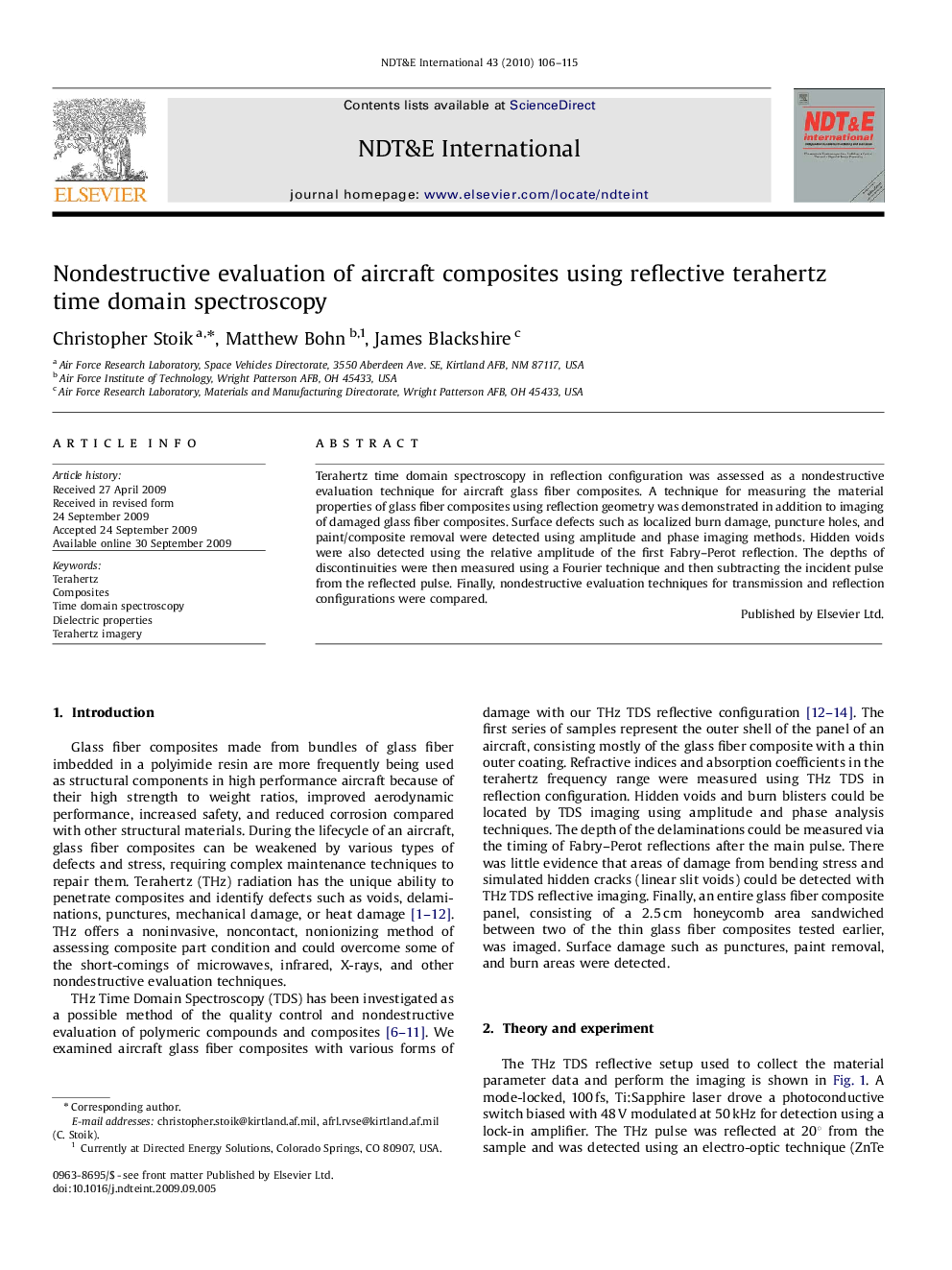 Nondestructive evaluation of aircraft composites using reflective terahertz time domain spectroscopy