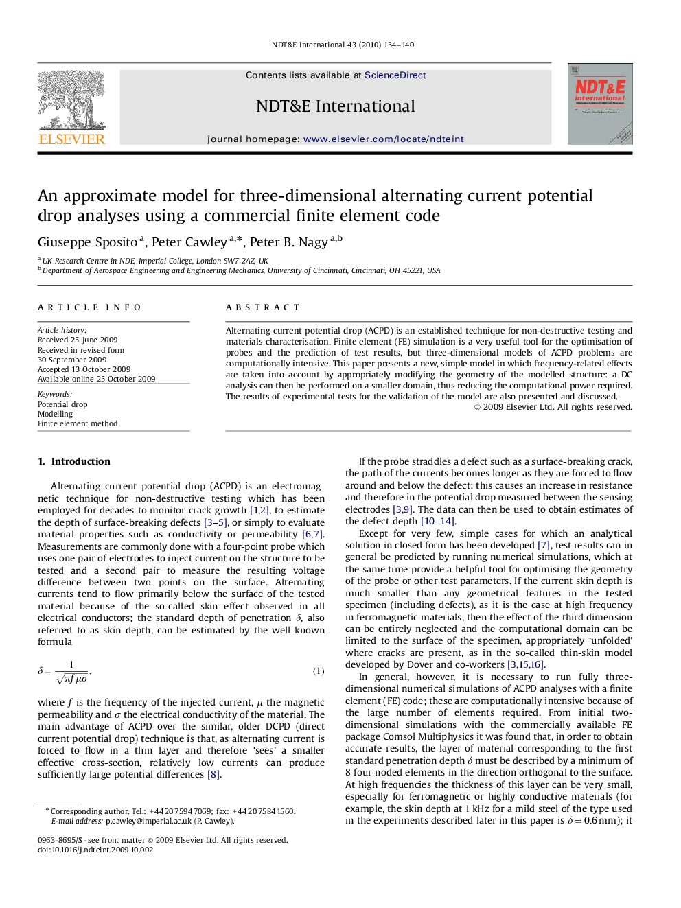 An approximate model for three-dimensional alternating current potential drop analyses using a commercial finite element code