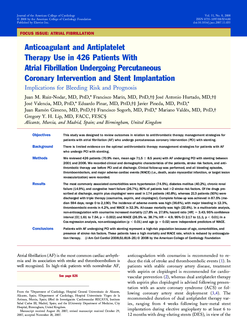 Anticoagulant and Antiplatelet Therapy Use in 426 Patients With Atrial Fibrillation Undergoing Percutaneous Coronary Intervention and Stent Implantation: Implications for Bleeding Risk and Prognosis